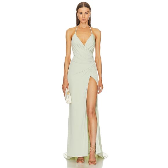 Katie May Jupiter Gown Maxi Halter Neck Ruched Jersey Side Slit Sage Size Large - Picture 2 of 16